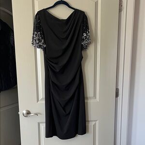 Betsy Adam Elegant Black Midi Dress with Embellished Sleeves